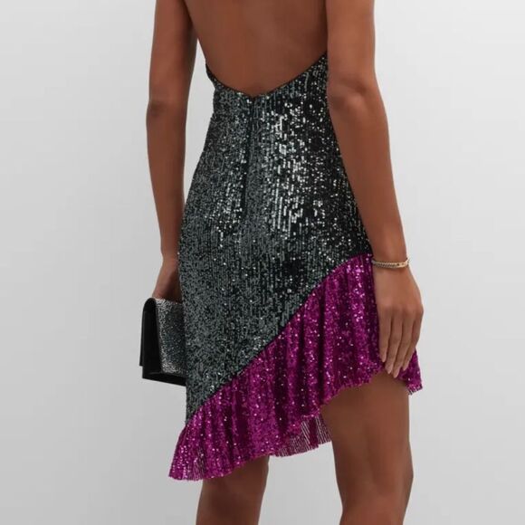 One33 Social Black & Purple Sequin Colorblock Backless Halter Dress - Picture 3 of 15